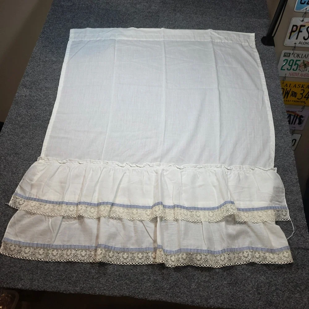 Vintage White Ruffled Cafe Curtains Lace Trim Blue Ribbon Made in USA 36x28 4pc